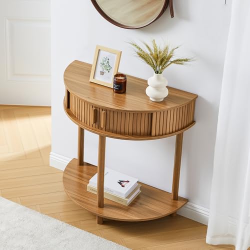 Entryway Table, Half Moon Fluted Console Tables with Storage, Mid Century Modern Small Half Round Sofa Tables for Hallway, Narrow Curved Accent Decor Table for Living Room (Mid-Century Modern, Walnut)