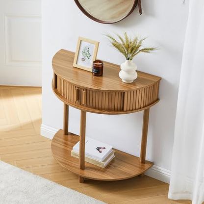 Entryway Table, Half Moon Fluted Console Tables with Storage, Mid Century Modern Small Half Round Sofa Tables for Hallway, Narrow Curved Accent Decor Table for Living Room (Mid-Century Modern, Walnut)