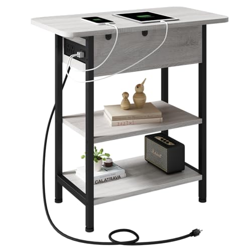 End Table with Charging Station, Narrow Side Table with Storage, Light Grey | Equipped with USB Ports and Outlets, Flip Top Nightstand for Small Spaces, Bedside Tables for Living Room, Bedroom - color: Light Grey, size: Pack of 1