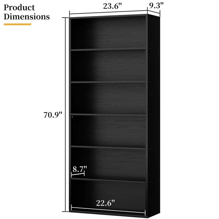 Shintenchi Bookshelf,6-Tier Open Bookcase and Bookshelves,6 Shelf Display Storage Shelves Floor Standing 70.6 inches Tall Bookcase for Home Office, Living Room (Black) - color: Black