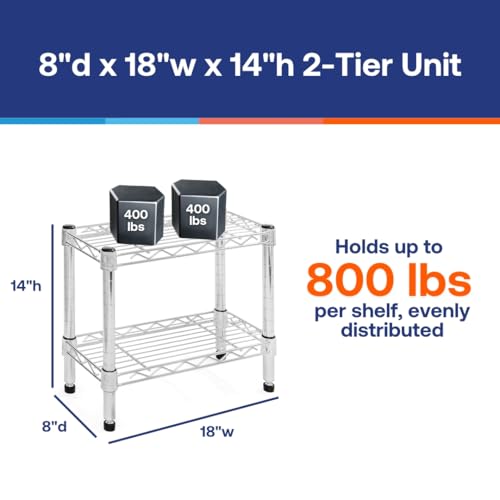 Shelving Inc. 8" d x 18" w Chrome Wire Shelving with 2 Tier Shelves, Weight Capacity 800lbs Per Shelf - size: 8" d x 18" w x 14" h