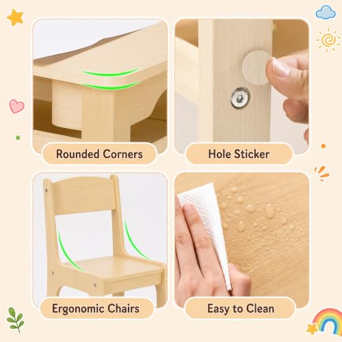 Kids Art Table & 2 Chairs Set, Wooden Activity Craft Desk w/ Paper Roll | Sturdy Wooden Table with Organizers, Open Shelves, Removable Bins, for Toddlers Art Crafts Drawing Painting Writing (Natural) - color: Natural