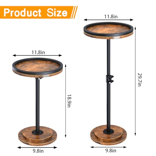 Small Side Table Set of 2, Drink Table, Height Adjustable Round End Table, Pedestal Side Table for Small Spaces in Living Room, Bedroom, Brown - color: Brown-2pcs