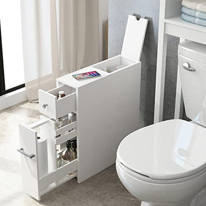 Spirich Slim Bathroom Storage Cabinet, Free Standing Toilet Paper Holder, Bathroom Cabinet Slide Out Drawer Storage, White - color: White