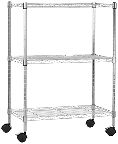 Amazon Basics 3-Shelf Heavy Duty Adjustable Wire Shelving Storage Rack on 2" PP Plastic Wheel Casters, Steel Utility Shelving Unit for Garage and Laundry Room, 23.2" x 13.4" x 32.75", Chrome - color: Chrome, size: 23.2" L x 13.4" W x 32.75" H, style: 3 -S
