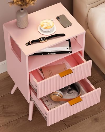 Leomonio Pink Nightstand,Modern Bedside Table with 2 Storage Drawer and Open Wood Shelf, for Bedroom and Small Spaces,Night Stand with Solid Wood Legs - color: Pink