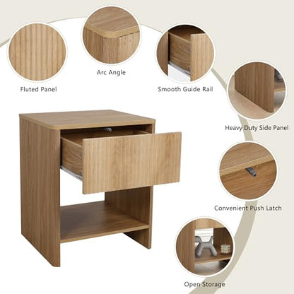 Mid Century Modern Night Stand with Drawer, Boho Nightstand for Bedroom, Small End Table with Storage, Living Room/Bed Side Table with Drawer for Small Spaces, Fluted Cabinet Wood Nightstand - color: Natural