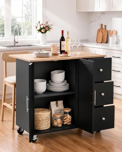VEVOR Kitchen Island Cart with Storage, 42.4 in Wide Mobile Rolling Storage Island on Swivel Wheels, with 3 Drawers, Storage Cabinet, Drop Leaf, Towel Rack, Table for Home Dining Room, Black - size: 42.4" W (dropleaf)