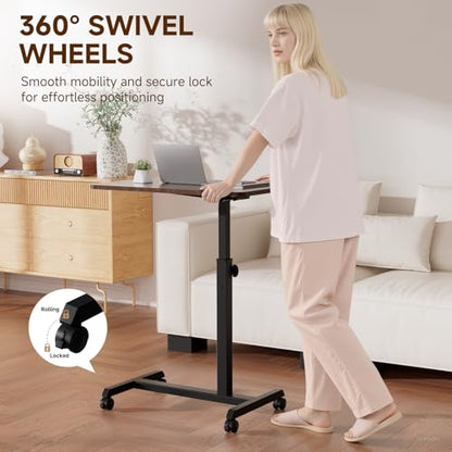 GTPLAYER Small Standing Desk, 24 Inches Foldable Mobile Rolling Laptop PC Table with Lockable Casters, Adjustable Height Overbed Bedside Table Computer Workstation for Home Office, Walnut-Foldable - color: Walnut-foldable