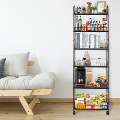 6 Tier 6in/10in Slim Rolling Storage Cart, Mobile Shelving Unit with Wheels, Metal Wire Storage Shelving Rack with Baskets for Kitchen Bathroom Office Laundry Narrow Places