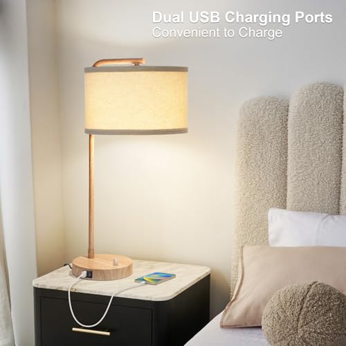 Farmhouse Table Lamp, Fully Dimmable Bedisde Nightstand Lamp with USB C+A Charging Ports, Modern Tall Table Lamp Desk Reading Lamp for Living Room, Bedroom, Office, 9W LED Bulb Included - color: Wood Grain