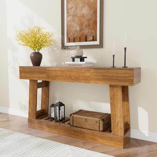 60" Farmhouse-Style Entryway Table with Drawers, Two-Tier Storage Design with Includes Drawers and Open Shelves, Sturdy Wooden Frame, Easy to Clean, Perfect for Entryways, Hallways, and Living Rooms