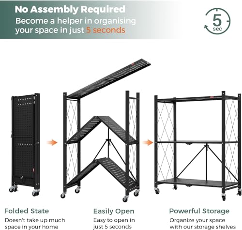DEANIC 3 Tier Foldable Storage Shelves with Wheels, Kitchen Appliance Stand, Freestanding Metal Wire Shelf Rack, No Assembly Organizer Rolling Cart for Garage, Basement, Pantry(Black Pack of 2) - color: Black