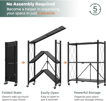 DEANIC 3 Tier Foldable Storage Shelves with Wheels, Kitchen Appliance Stand, Freestanding Metal Wire Shelf Rack, No Assembly Organizer Rolling Cart for Garage, Basement, Pantry (Black) - color: Black