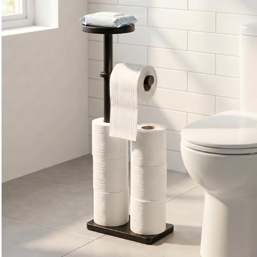 Toilet Paper Holders Free Standing, Holds up to 7 Rolls Toilet Paper Stand with Storage, Bathroom Toilet Paper Organizer with Top Shelf for Small Items, 1-Min Rotating-Lock Assembly, Black,L