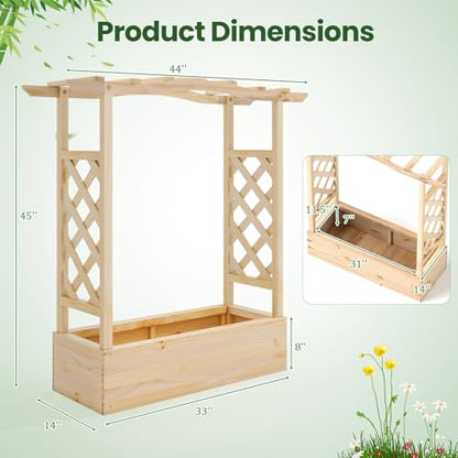 Giantex Raised Garden Bed with Trellis & Hanging Roof, Wooden Elevated Planter Box with Drainage Hole, Freestanding Gardening Planter Raised Bed for Flowers Herbs Climbing Plants Vines, 44”x14”x45” - color: Natural, size: 44”x14”x45”
