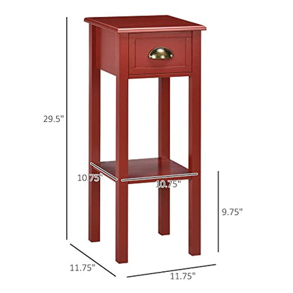 HOMCOM Narrow End Table with Drawer and Bottom Shelf Set of 1 Red | Tall Telephone Table, Skinny Modern Design, for Small Spaces, Living Room - color: Red