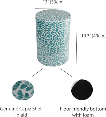 PEMAR Mother of Pearl Inlaid Cylinder Drum End Table Nacre Capiz Shell Side Table Stool Drum Accent Table Coffee Bedside Side Table Round Nightstand and Vanity Stool (Teal Floral) - color: Teal Floral