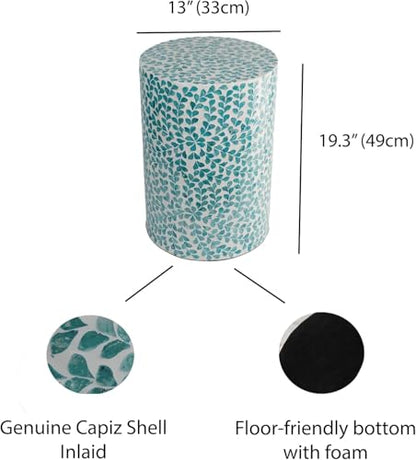 PEMAR Mother of Pearl Inlaid Cylinder Drum End Table Nacre Capiz Shell Side Table Stool Drum Accent Table Coffee Bedside Side Table Round Nightstand and Vanity Stool (Teal Floral) - color: Teal Floral