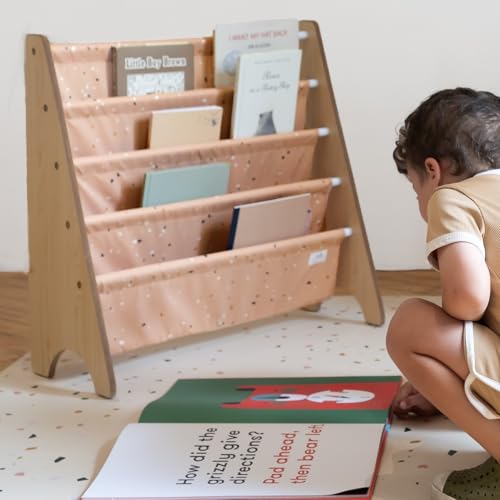 3 Sprouts Recycled Kids Bookshelf, Holds 35 Books, 4-Tier, Terrazzo Clay | Space-saving bookshelf, Children's room, Toddler bookcase organizer, Ages 3+, Book/toy storage, Front-facing, Covers visible - color: Terrazzo Clay