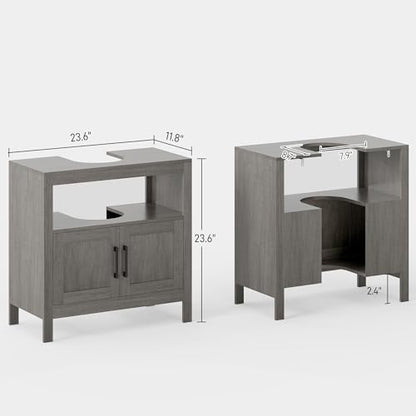 kleankin Pedestal Sink Storage Cabinet with 2 Doors and Open Shelf, Gray | Bathroom Under Sink Cabinet, Bathroom Vanity - color: Grey
