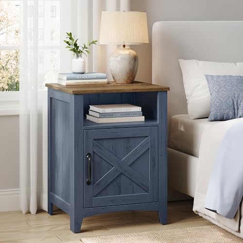 VASAGLE Nightstand Farmhouse Barn Door Bedside Table with Storage | Side End Table, Night Stand, Open Compartment, for Bedroom, Rustic Blue and Honey Brown, LIRY Collection, ULET609Q101S - color: Rustic Blue and Honey Brown, size: 1 PACK