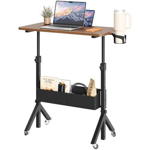 ErGear Mobile Standing Desk with Wheels, Adjustable Height 28.3″ to 46.1″, Rolling Laptop Cart with Cup Holder, Storage Basket, Computer & Pen Slot, Home Office Stand Up Desk, Walnut (31.5″ x 15.75″) - color: Walnut Wood