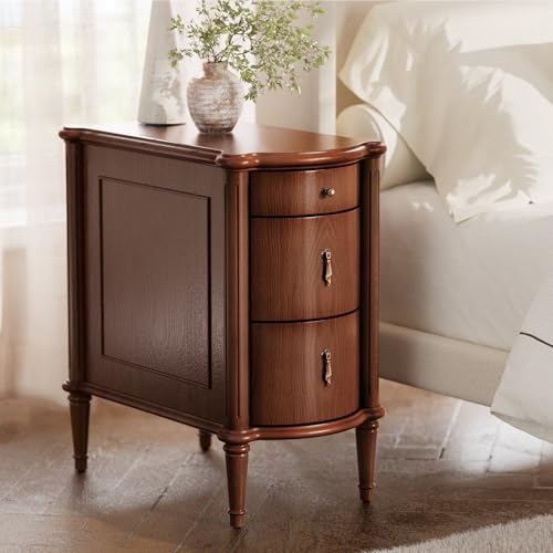 STO'SENSE Nightstand w/Charging Station & 3 Drawers, Pre-Assembled, Vintage Side Table w/Antique-Finished Pulls, Rustic Wood Finish, Narrow End Table w/Turned Legs for Bedroom (1, Brown) - color: Brown