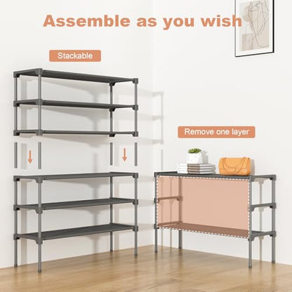 34" Widening Design Shoe Rack for Closet 16 Pairs Small Spaces Non-Woven 3 Tier Shoe Organizer Stackable Metal Shoe Shelf for Entryway, Bedroom Grey - color: Grey