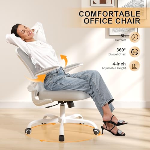 Office Chair, Ergonomic Desk Chairs 330LBS Capacity High Back Mesh Computer Chair with Flip-up Armrests, Comfy Work Chair with Adjustable Lumbar Support - color: Beige-grey