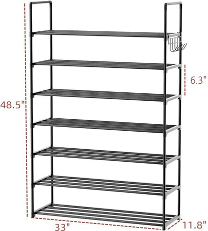 Metal Shoe Organizer,7 Tiers Shoe Storage Shoe Rack with Hooks,Fit 24-30 Pairs,Adjustable Shoe Shelf for Entryway,Hallway,Bedroom,Metal Bottom Support - size: 7 Tier
