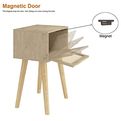 LAATOOREE Nightstand Set of 2, Small Bedside Table, Boho Side End Table, Rattan Door, Solid Wood Feet for Bedroom and Living Room - color: Natural, style: Boho Style