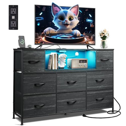 WLIVE Black Dresser TV Stand for 45, 50, 55 inch TV, Entertainment Center with LED Lights & Charging Station, Chest of Drawers with 8 Fabric Drawers and Open Shelves for Living Room, Hallway, Wood Top - color: Charcoal Black Wood Grain