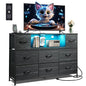 WLIVE Black Dresser TV Stand for 45, 50, 55 inch TV, Entertainment Center with LED Lights & Charging Station, Chest of Drawers with 8 Fabric Drawers and Open Shelves for Living Room, Hallway, Wood Top - color: Charcoal Black Wood Grain