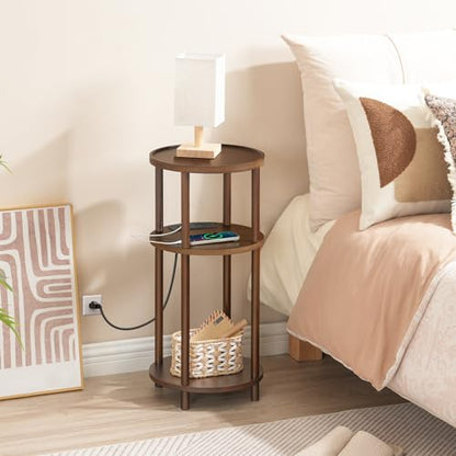 HOOBRO Set of 2 Small Round Side Tables with Charging Station, 3-Tier Round Bamboo End Tables, Compact Sofa Bedside Tables, Easy Assembly, for Living Room, Bedroom, Apartment, Mocha MA152UBZP201 - color: Mocha