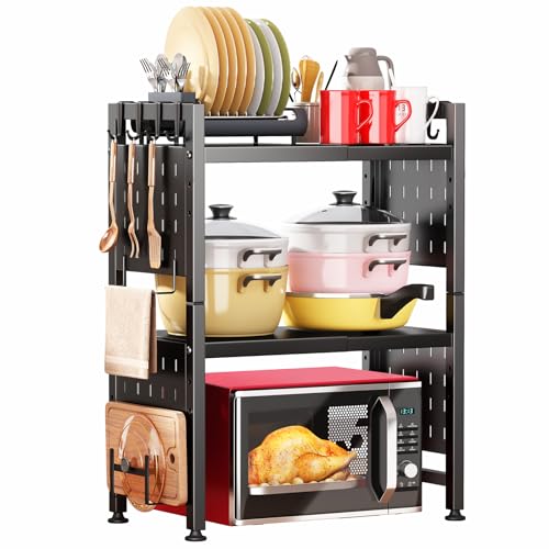 Microwave Stand, 3-Tier Expandable(17.4"- 27.4") Heavy Duty Adjustable Shelf Microwave Oven Rack, Kitchen Countertop Organizer and Storage with 9 Hooks & Cutting Board Holder, Holds up 180 lbs, Black - style: 3 Tier-Black