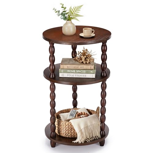 Small Round Side Table, 3-Tier Solid Wood End Table with Storage Shelf, Modern Bedside Tables Night Stand for Living Room, Bedroom, College Dorm, Small Space (Rustic Brown) - color: Rustic Brown