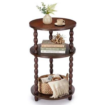 Small Round Side Table, 3-Tier Solid Wood End Table with Storage Shelf, Modern Bedside Tables Night Stand for Living Room, Bedroom, College Dorm, Small Space (Rustic Brown) - color: Rustic Brown