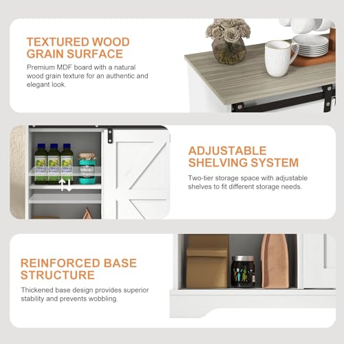 Panana Sliding Barn Door Buffet Sideboard Storage Cabinet Coffee Bar Kitchen Farmhouse Style (White Cabinet Nature Top) - color: White Cabinet Nature Top