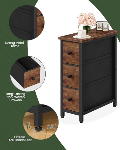 CHOEZON Narrow Side Table with 3 Fabric Drawers, Industrial Slim Bedside Table for Small Spaces, Bedroom, Living Room, Dormitory, Rustic Brown and Black TBZ09BF - color: Rustic Brown + Black