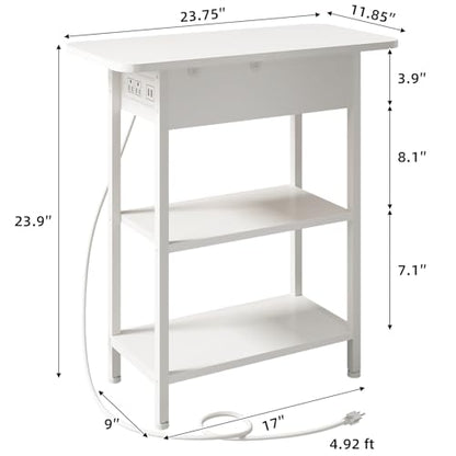 LIDYUK End Table with Charging Station, Flip Top Side Table with USB Ports and Outlets, Nightstand for Small Spaces, Bedside Tables with Storage Shelf for Living Room, Bedroom, White | Equipped with USB Ports and Outlets, Nightstand for Small Spaces, Beds