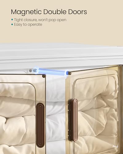 SONGMICS 48QT Plastic Storage Bins with 1 Lid, 4-Tier Stackable Bins with Doors and Wheels, Foldable Storage Boxes, for Closets, Bedroom, Living Room, Office, White URLB450WZ01 - size: 4 x 48QT