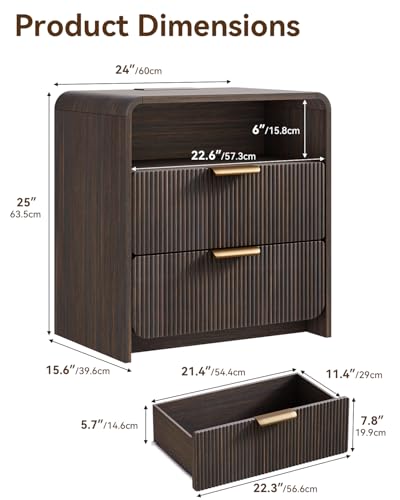 24" Fluted Nightstand Set of 2 with Charging Station, Bedside Table with Metal Handle, NightStand with 2 Drawer and Shelf, End Table for Bedroom, Curved Profile, Black Walnut - color: Black Walnut-2 Drawers, size: 2 Drawers