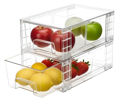 2 Pack Stackable Storage Drawers,Plastic Organizers Bins, Drawers Storage with Handles and Movable Dividers for Organization and Storage in Fridge,Bathroom, Pantry, Kitchen Cabinets, Under Sink - size: 2Pack 4.4"H-with Dividers