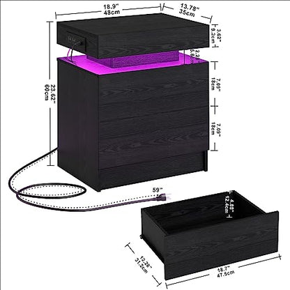 LIKIMIO Nightstand with Charging Station LED Light and 2 Drawers Black | bedside table; end table; charging station; LED light; 2 drawers; black wood grain; small spaces - color: Black