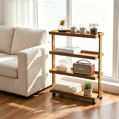 4-Tier Narrow Side Table with Wheels, Solid Wood Slim Rolling Storage Cart, Skinny End Table for Small Spaces, Moving Utility Shelf Organizer for Living Room, Bedroom, Kitchen, Bathroom