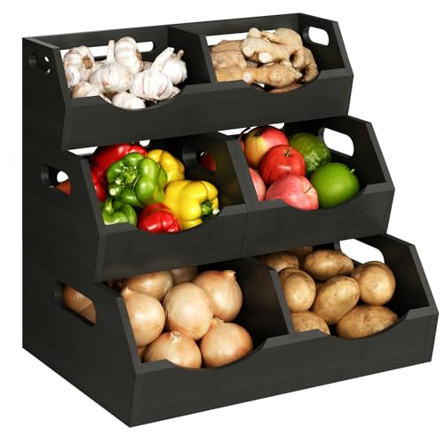 Potato Storage Bins Onion, 3 Tier Bamboo Pantry Storage Bin Stackable Ventilated Organizer for Kitchen, Pantry, Countertop, Bathroom, Black - color: Black(3 Tier)