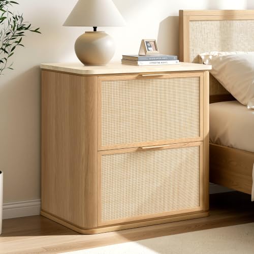 Night Stand, 23.11" W Rattan Nightstand with 2 Drawers, Faux Marble Top Bedside Table, Boho Mid Century End Table for Bedroom Living Room Sofa Office, Natural Oak [FSC Certified] - color: Natural Oak, size: 15.63"D x 23.11"W x 23.94"H（2 Drawer）