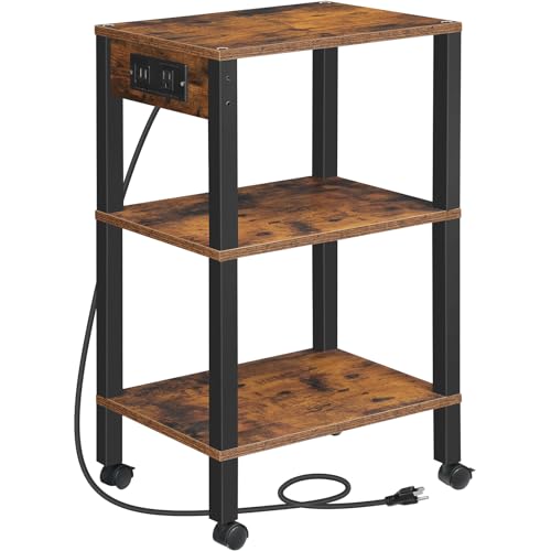 HOOBRO 3-Tier Printer Stand with Charging Station, Under Desk Printer Table, Printer Cart with Storage Shelves, Shelf for Small Spaces, for Home Office, Rustic Brown and Black BF63UPS01 - color: Rustic Brown + Black, size: 15"L x 11"W x 24.8"H