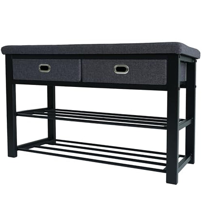 Finnhomy Entryway Shoe Rack with Cushioned Seat, Shoe Bench for Entry, 3-Tier Shoe Storage Organizer with 2 Drawers, Gray - style: Art Deco